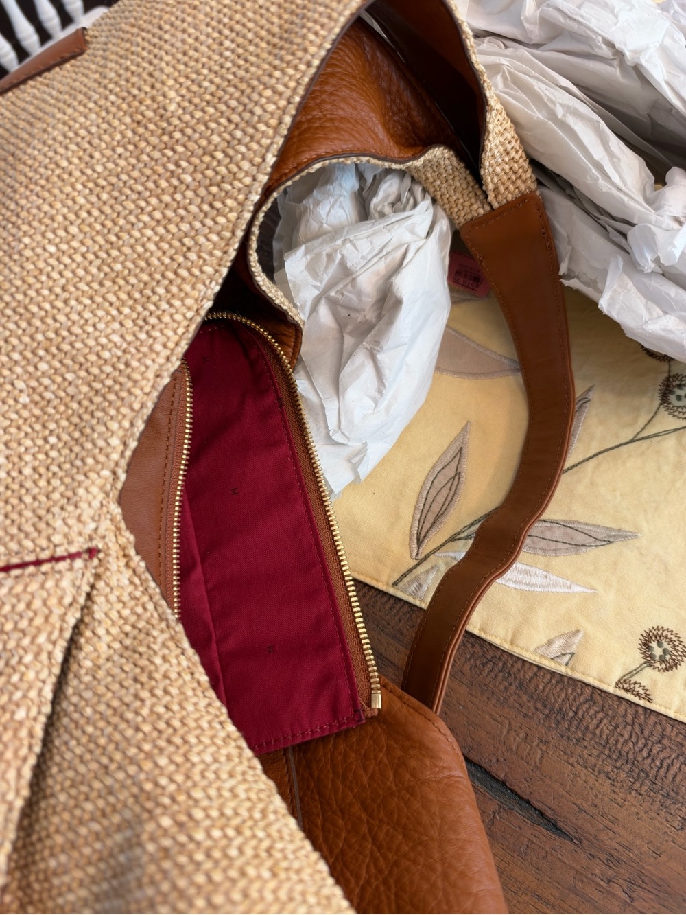 Hammitt Woven Straw Shoulder Bag in Tan with Brown Leather Trim - Picture 10 of 11